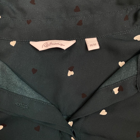 Dark Teal Green Button Down Blouse w/ Heart Print - Picture 6 of 6